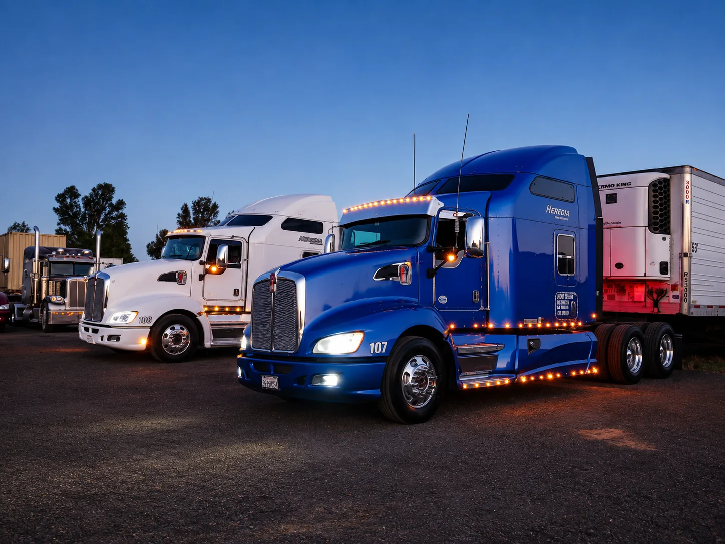 Flota de camiones de Heredia Transport Inc. estacionados al atardecer