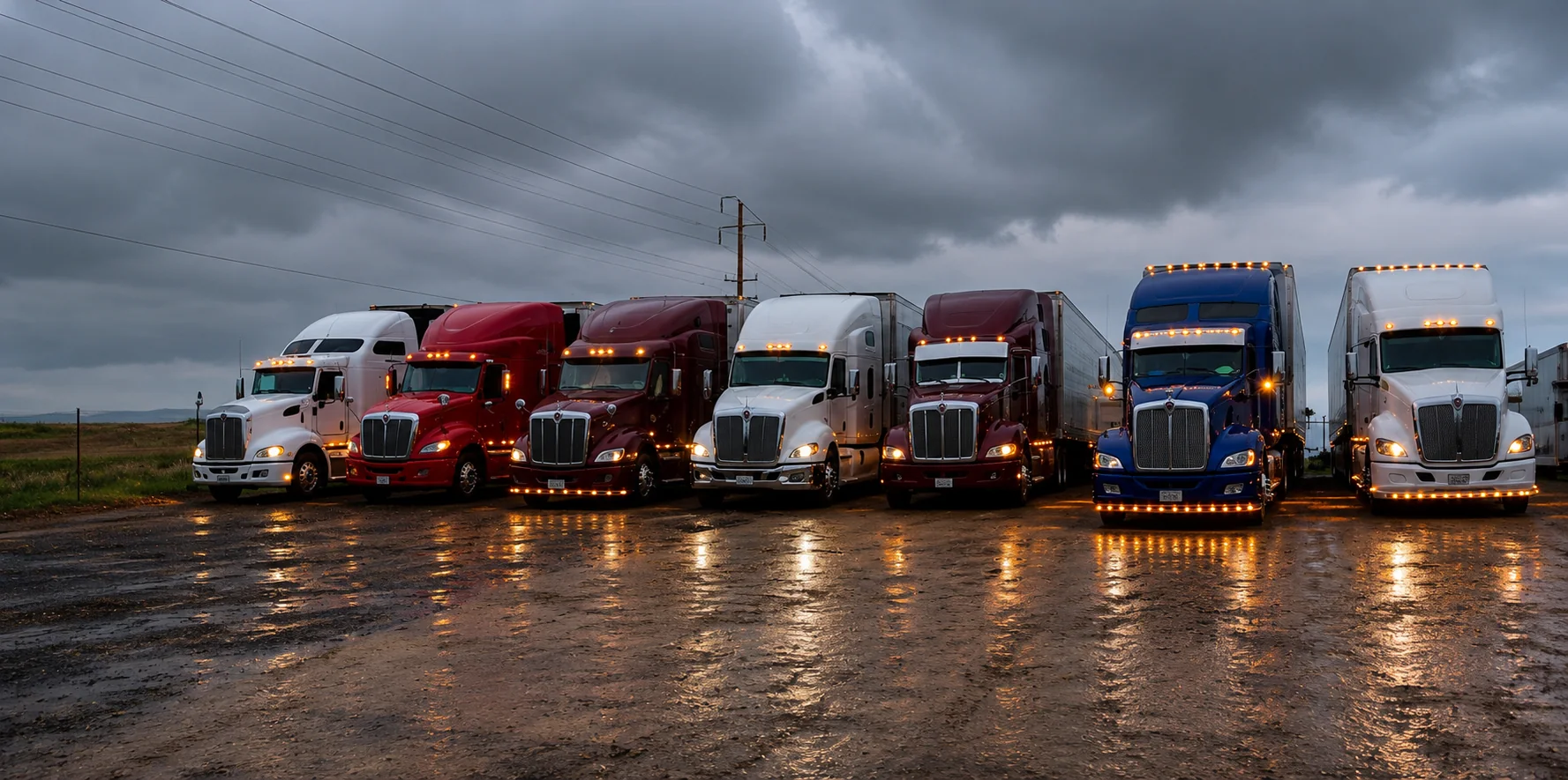 Flota de Heredia Transport Inc. estacionada al atardecer